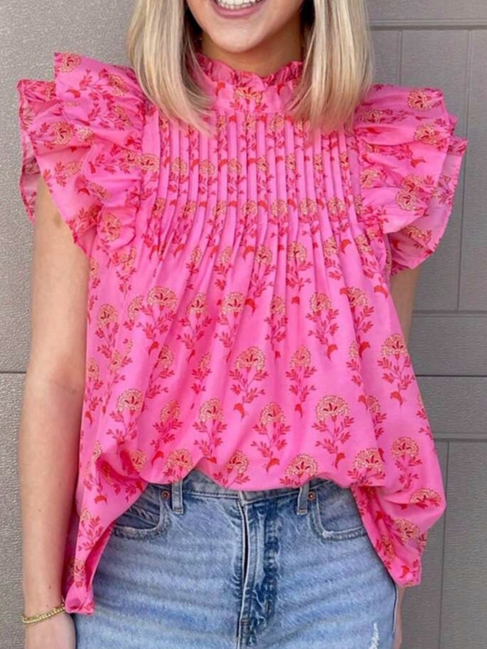 SHEIN Pink Floral Pintuck Ruffle Sleeve Blouse